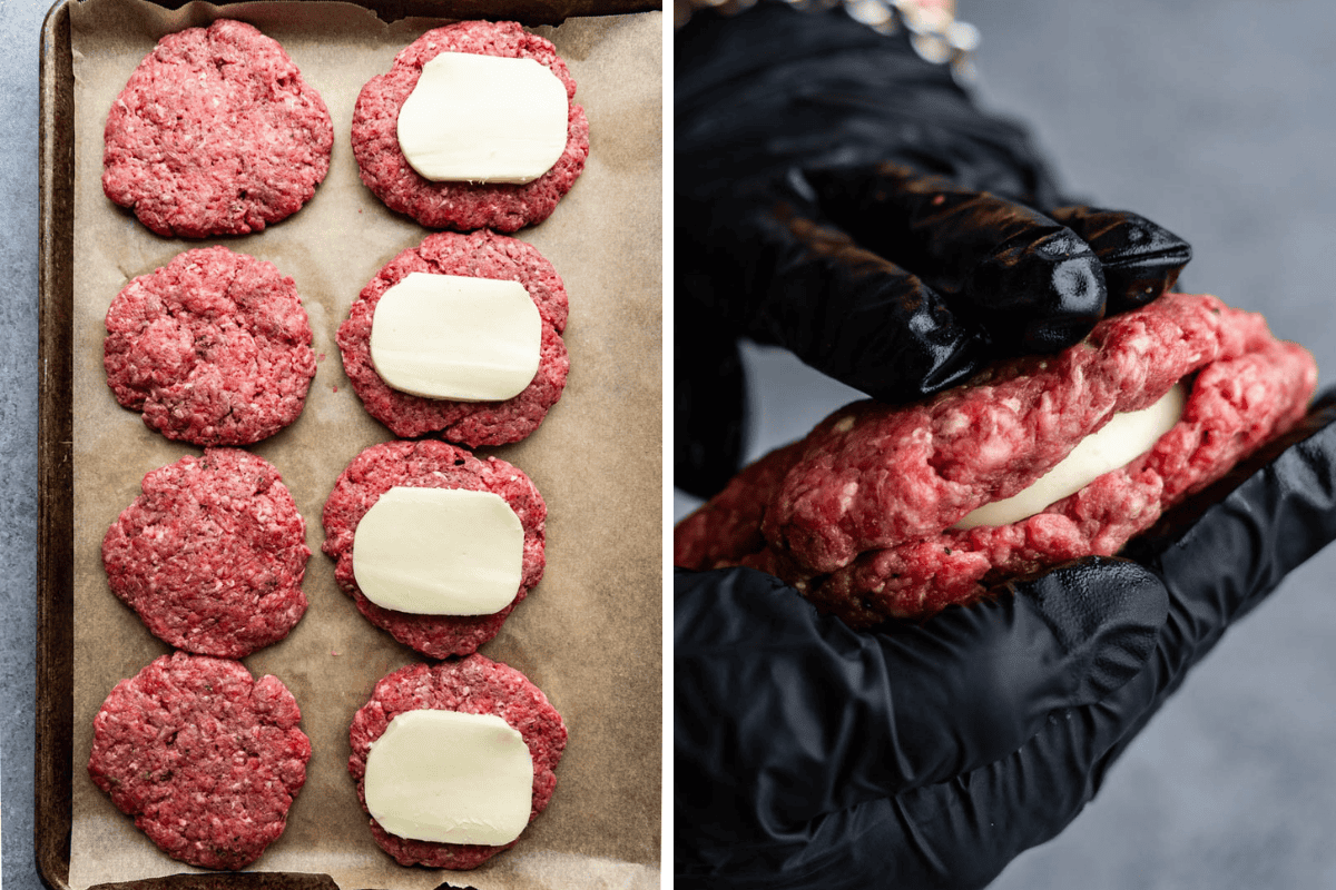 A collage of images showing how to stuff a burger with cheese. 