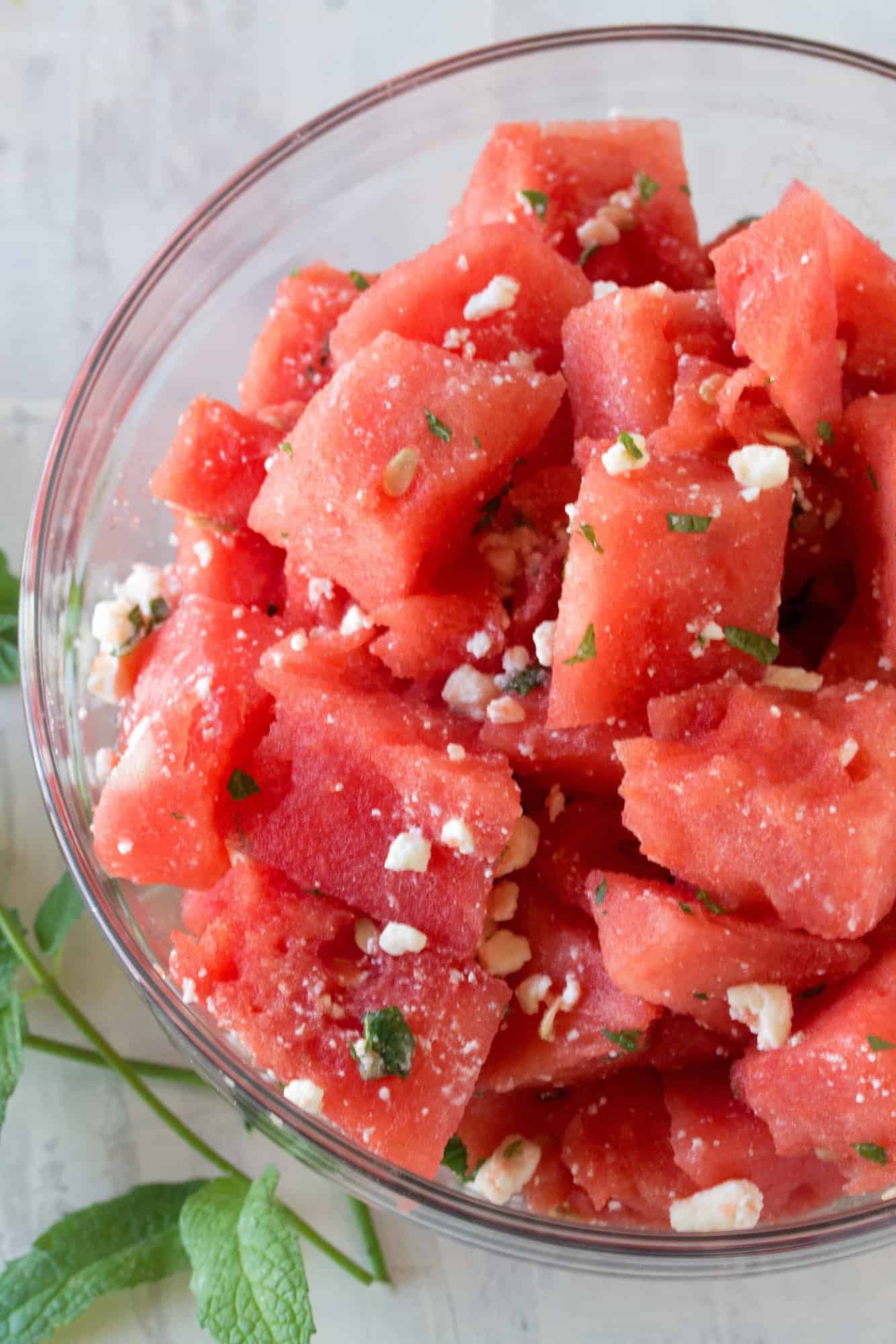 Serve simple summer watermelon up gourmet style with this Watermelon Feta Salad with Mint  Watermelon Feta Salad with Mint and Lemon