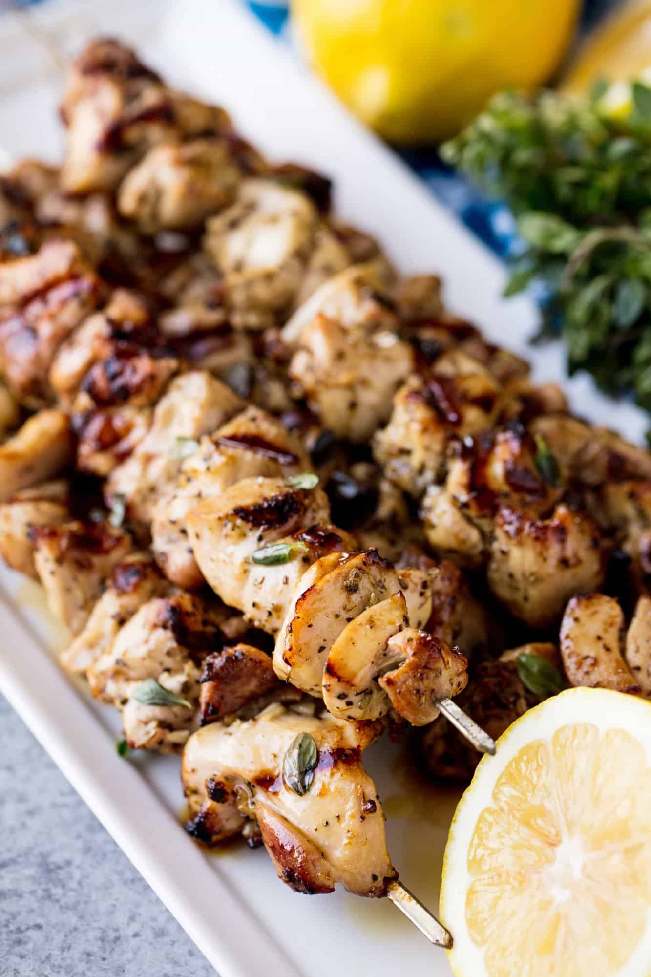 Grilled Lemon and Herb Chicken Thigh Skewers are moist and flavorful and super easy to make. People are always blown away by how much delicious flavor these skewers pack in!