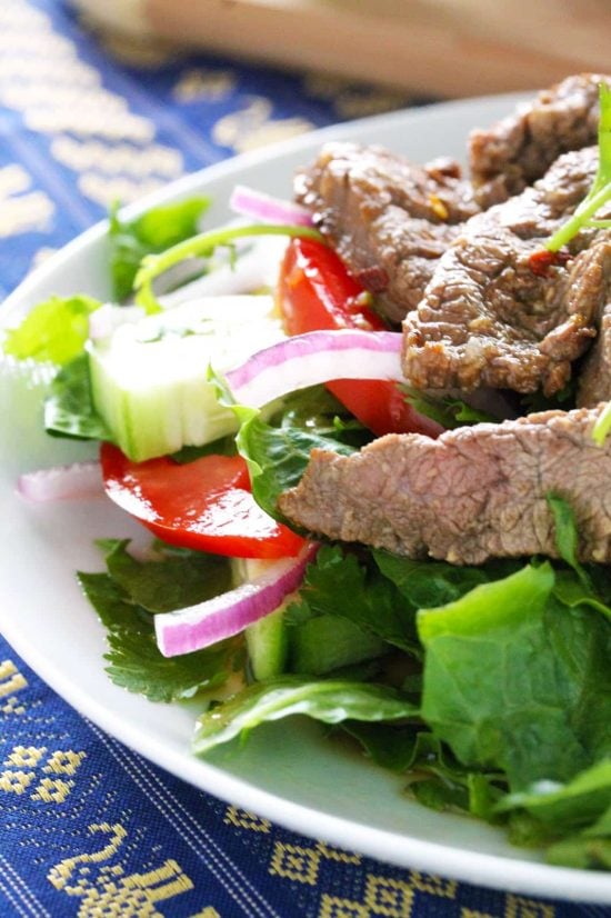 Close up of Thai Beef Salad on a white plate.