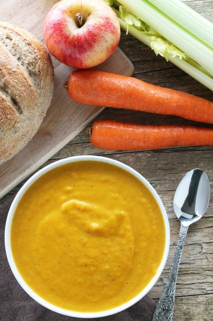 Slow Cooker Healthy Fall Soup uses harvest fall vegetables (and a fruit) for a creamy, delicious and healthy soup