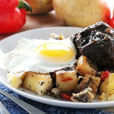 Slow Cooker Short Rib Hash on a white plate topped with an egg.