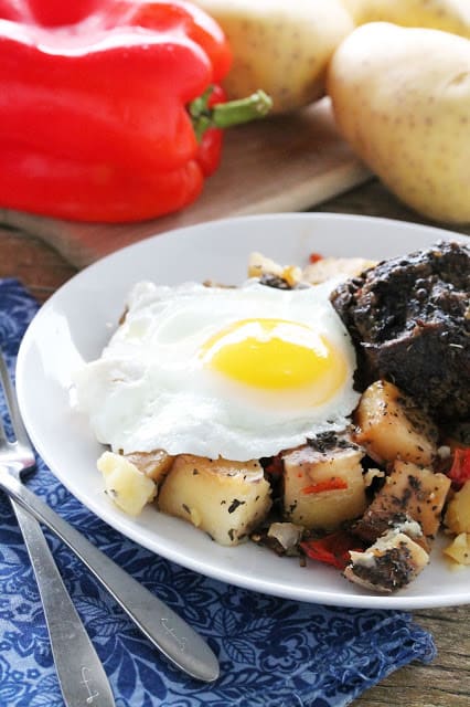 short rib hash on a white plate with red pepper and potatoes in background