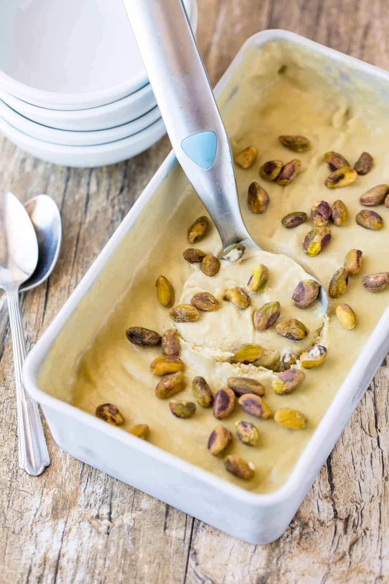 Learn How to Make Homemade Gelato By Hand without the use of an ice cream maker. Make it the old fashioned way! This Pistachio Gelato is a total winner.