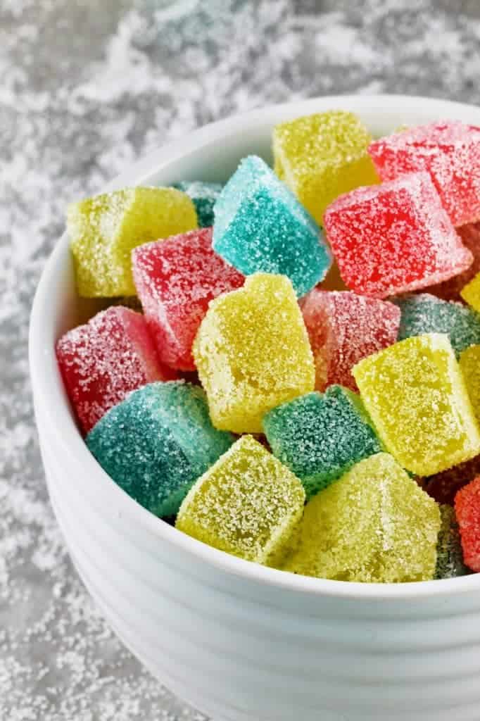 homemade gumdrops in a white bowl.