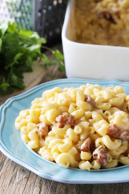 Crispy pork belly and 5 different kinds of cheese melted together to create the ultimate Gourmet Bacon Mac and Cheese. This is the kind of macaroni and cheese adults can swoon over.