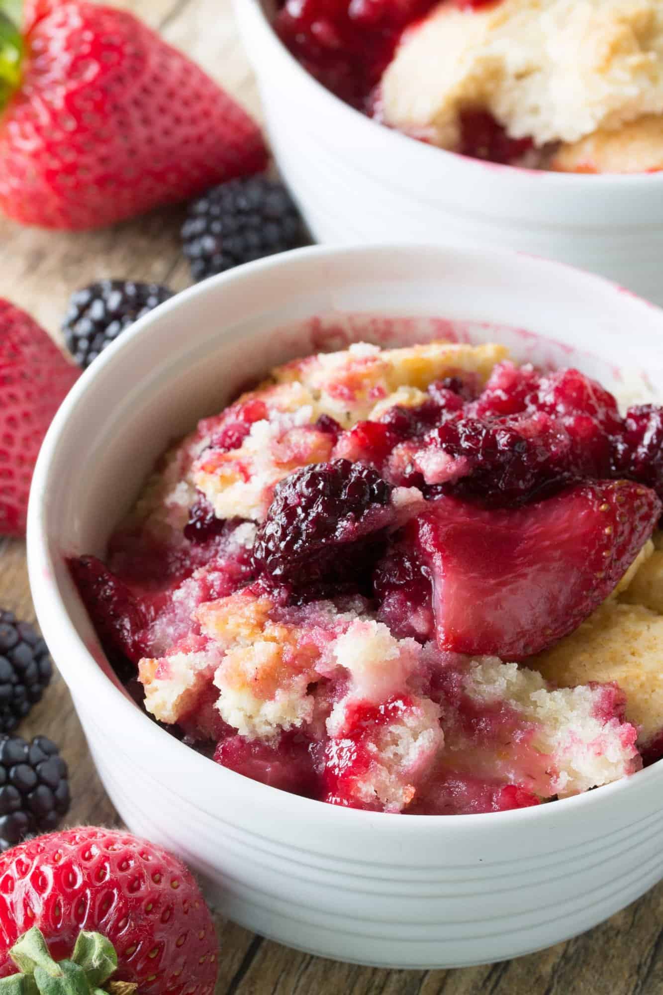 Berry Cobbler in a white bowl.