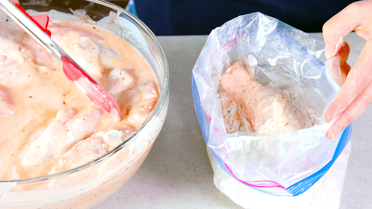 Coat chicken in dredging flour before frying