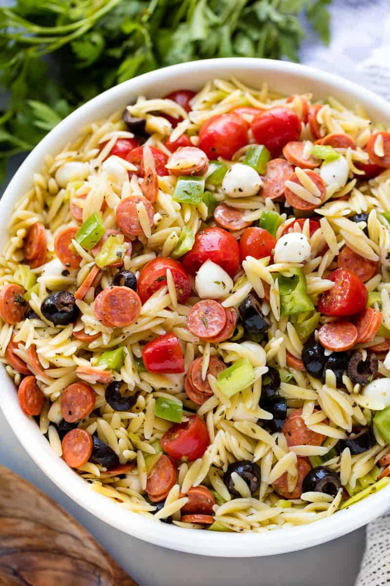 Italian Pasta Salad in a white bowl.