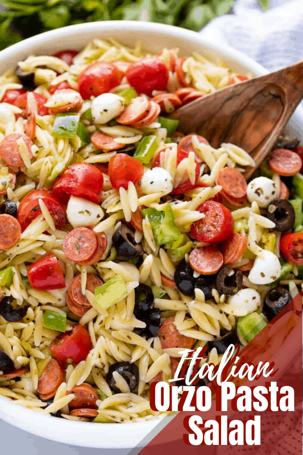 Classic Italian orzo pasta salad, complete with a homemade dressing and mini pepperonis. This traditional American pasta salad is great with an orzo pasta twist. 