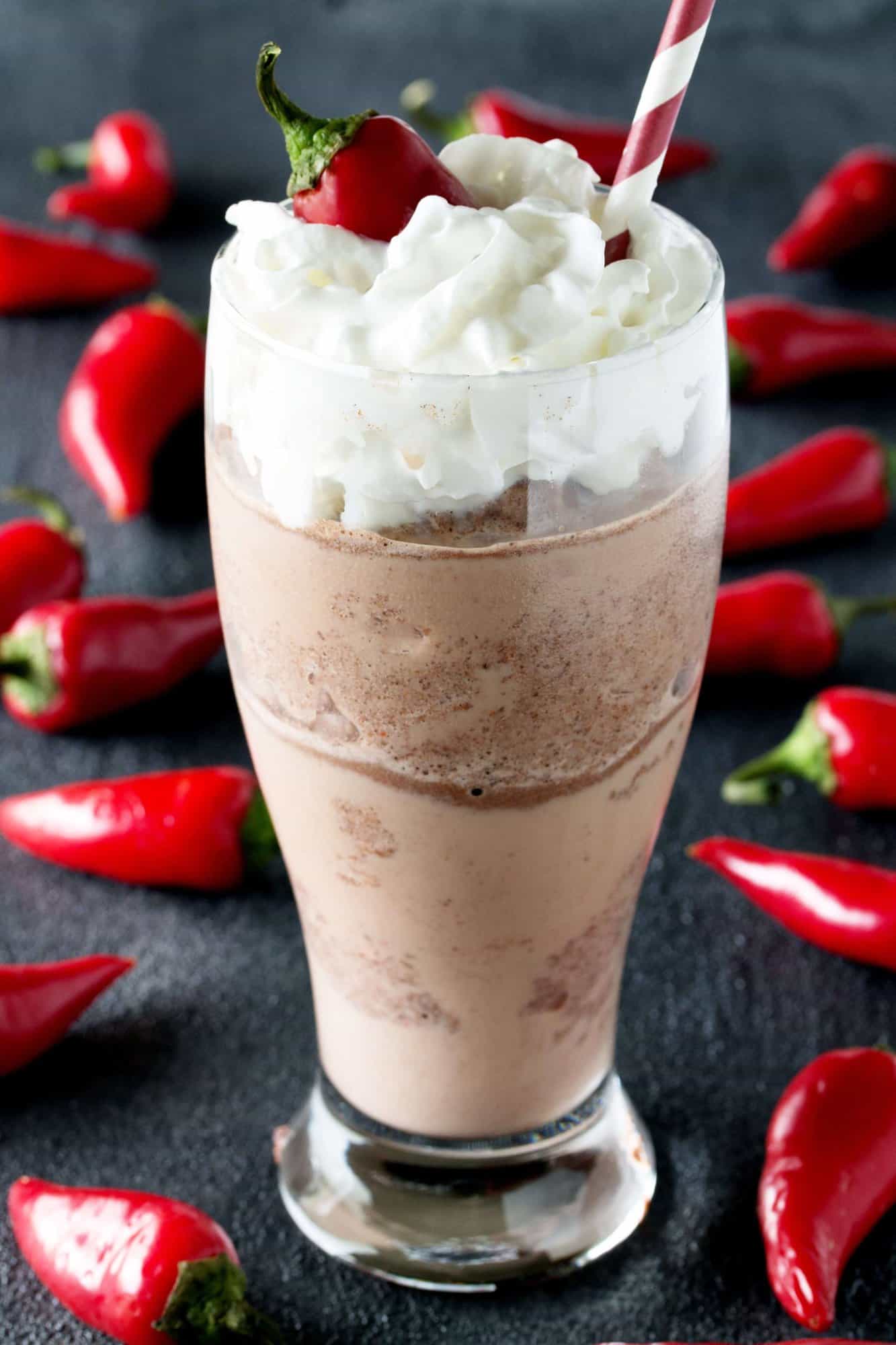 Mexican Chocolate Frappe with red peppers spread on the table.