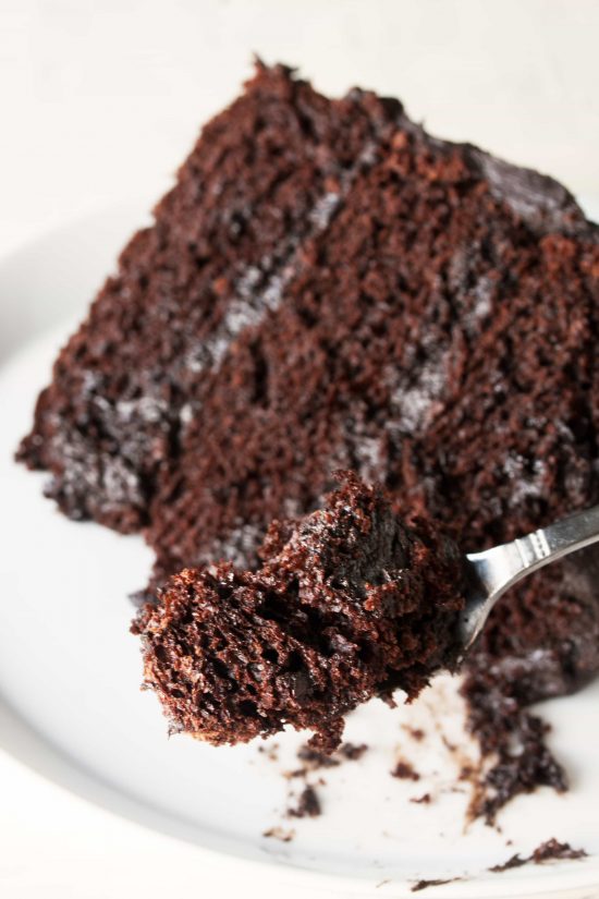 A fork takes a bite out of a slice of the Most Amazing Chocolate Cake