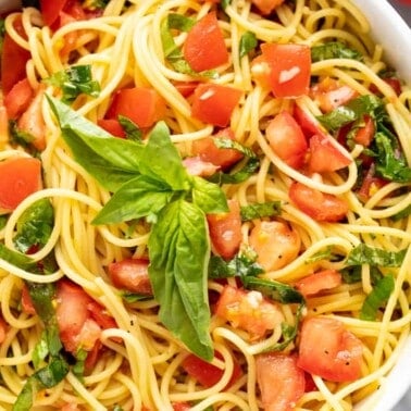 A close up view of a bowl of 15 minute italian garden pasta.