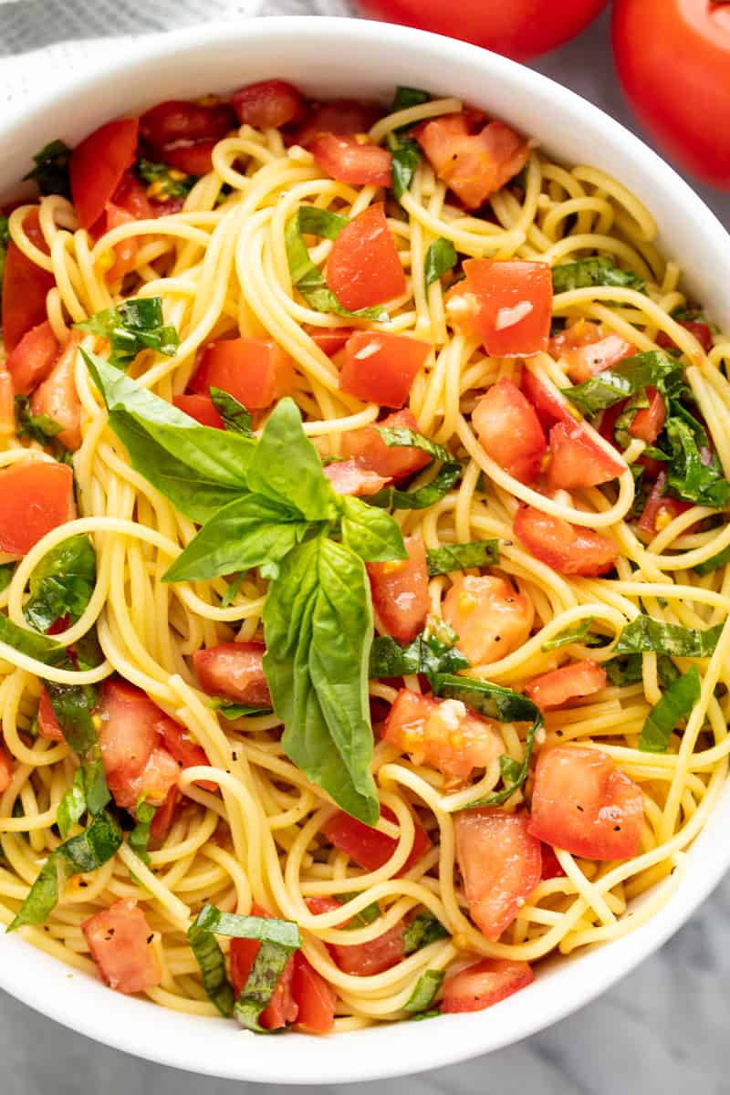 Bird's eye view of Italian Garden Pasta in a white bowl.