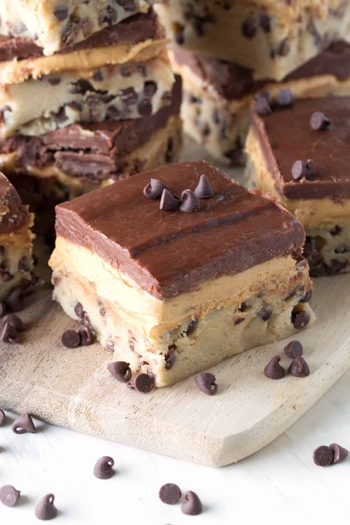 Close up of a Peanut Butter Chocolate Chip Cookie Dough Bar.