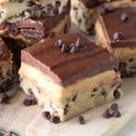 Close up of a Peanut Butter Chocolate Chip Cookie Dough Bar.