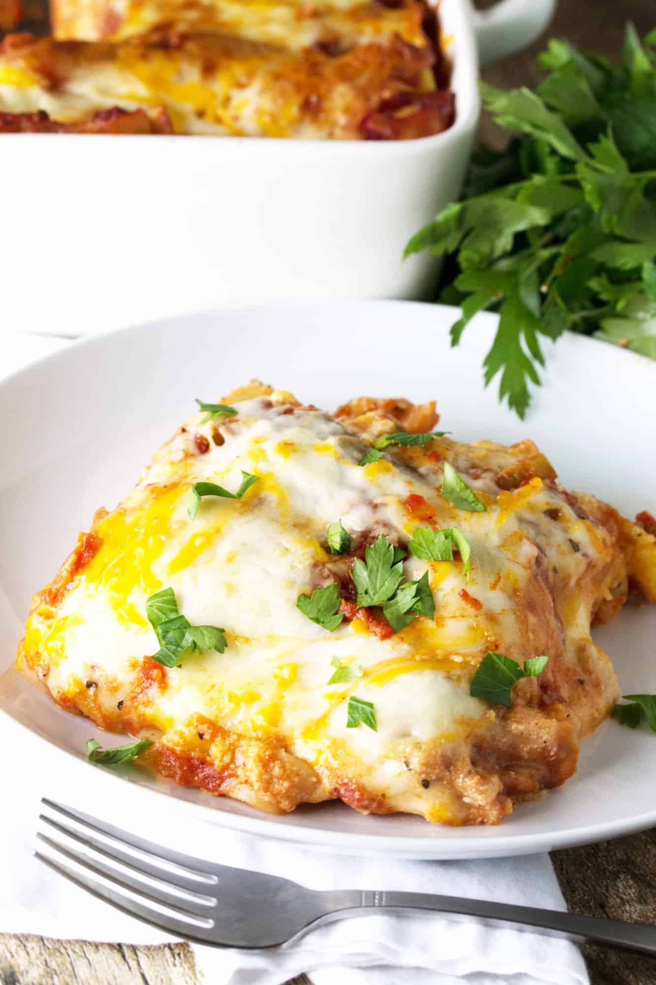 Cajun Shrimp Lasagna. on a white plate. 