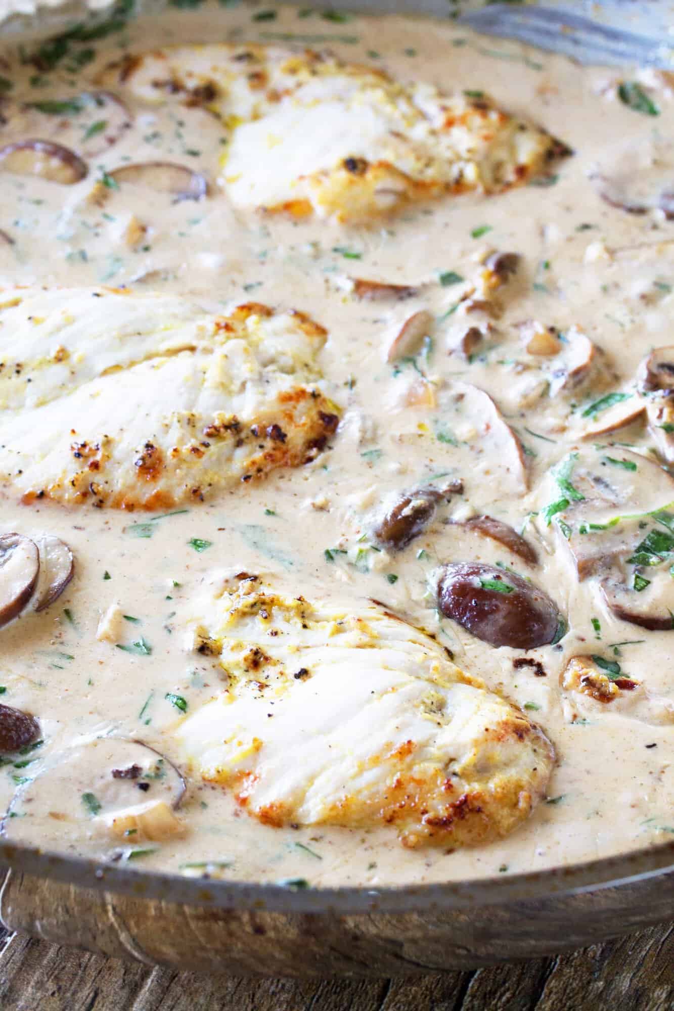 Tarragon Dijon Chicken in a stainless steel skillet. 