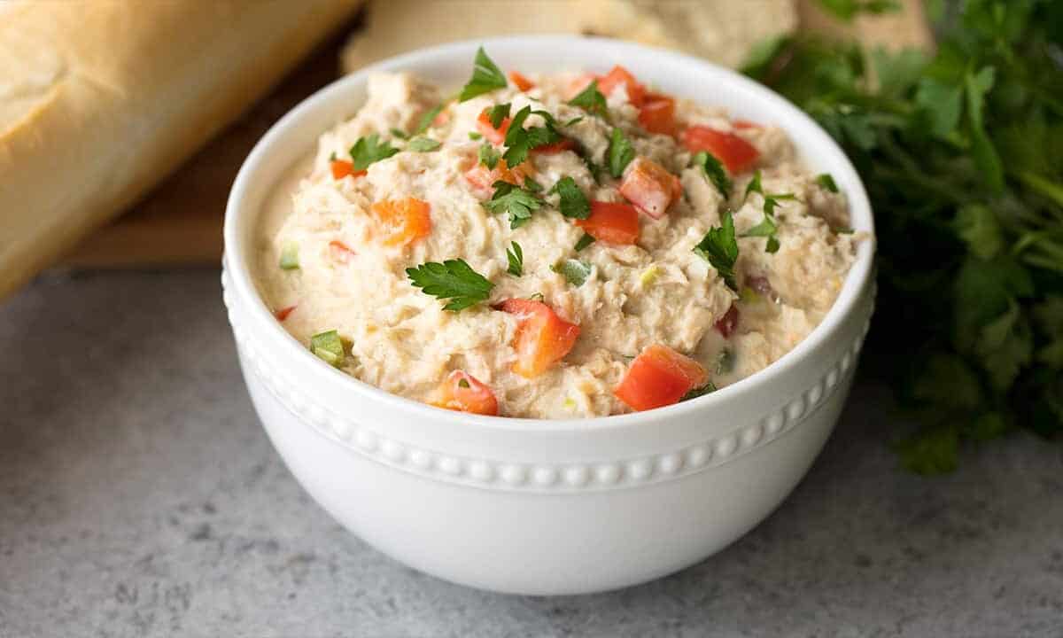Spicy Crab Dip in a white bowl.