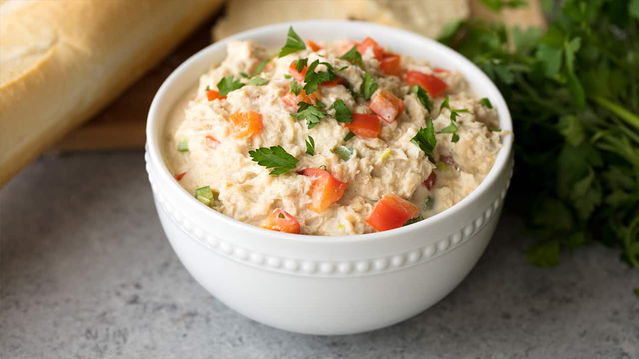 Spicy Crab Dip in a white bowl.