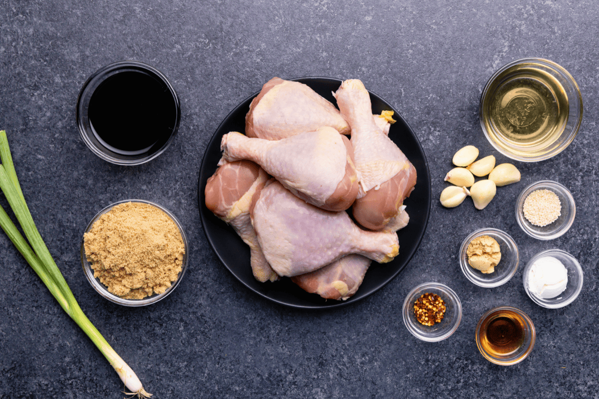 An overhead view of the ingredients needed to make Korean Glazed Chicken Drumsticks.