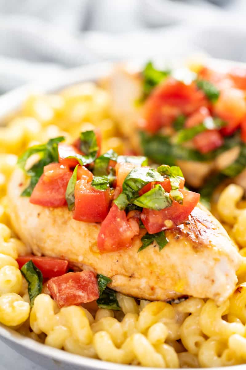 Close up of 3 Cheese Chicken Cavatappi in a white bowl.