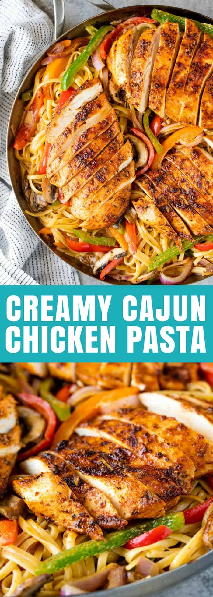 Creamy Cajun Chicken Pasta is the perfect family meal. Juicy cajun-spiced chicken is served over a bed of creamy linguine that's packed full of sautéed veggies. 
