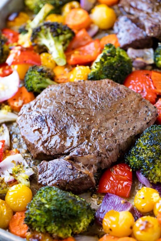 Italian Sheet Pan Steak and Veggies is a one pan meal with a colorful medley of vegetables Italian Sheet Pan Steak and Veggies