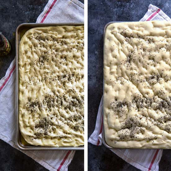 Foccacia bread pushed into a baking pan with finger holes before it rises on left side of photo, then after it has risen on right side of photo
