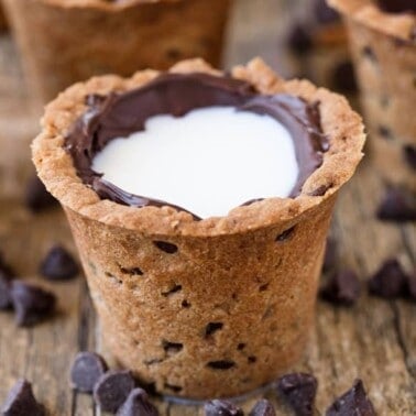 A cookie shot with milk in it