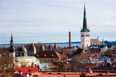 A city view of Tallin, Estonia with churches and medieval buildings