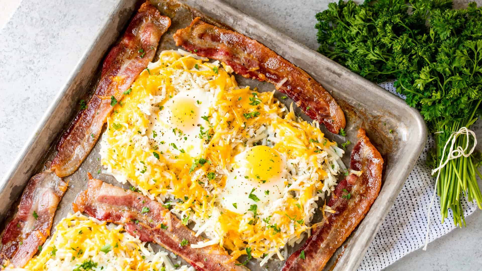 This super easy One Pan Breakfast Bake has bacon, hash browns, and eggs and takes just five minutes of hands on time to create a complete breakfast.