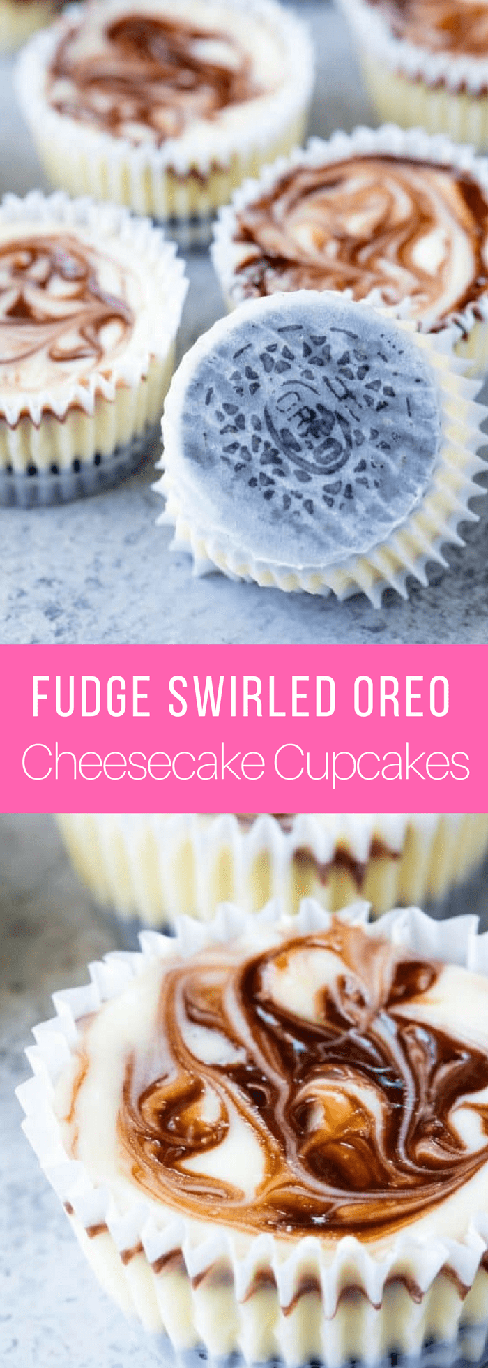 Fudge Swirled Oreo Bottom Cheesecake Cupcakes are a delicious twist on your standard cupcake. It's a fudge swirled mini cheesecake that sits on top of an Oreo cookie. What's not to love?