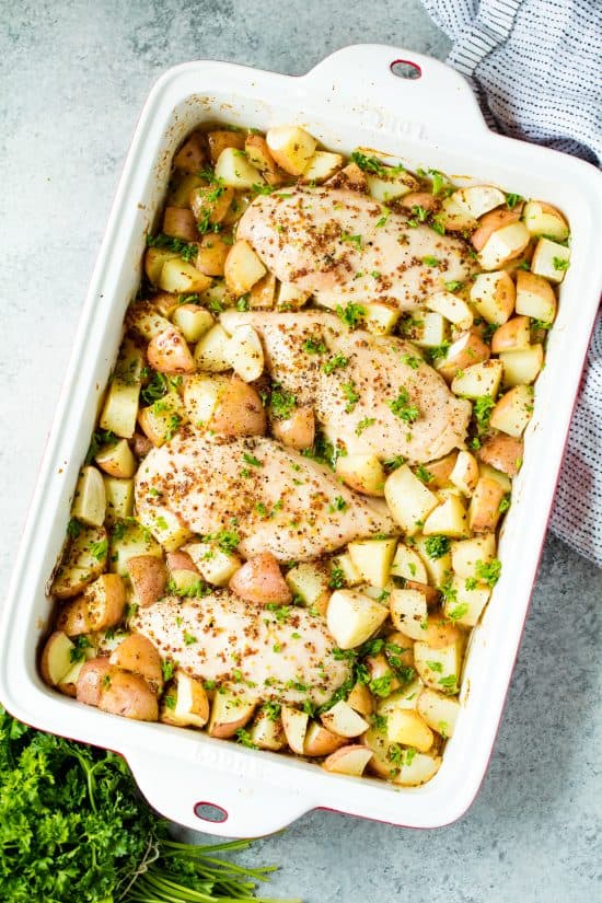 Baked Honey Dijon Chicken and Potatoes is an easy weeknight dinner that will leave you wan Baked Honey Dijon Chicken and Potatoes