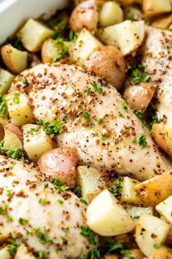 Baked Honey Dijon Chicken and Potatoes is an easy weeknight dinner that will leave you wan Baked Honey Dijon Chicken and Potatoes