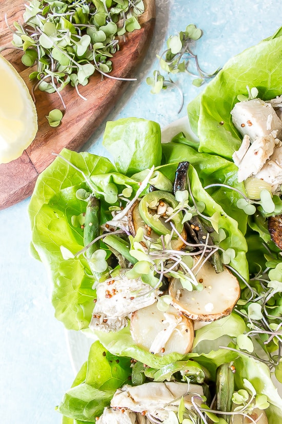 These Spicy Chicken Lettuce Cups are filled with green bean and potato to make an awesome  Spicy Chicken, Green Bean, and Potato Lettuce Cups