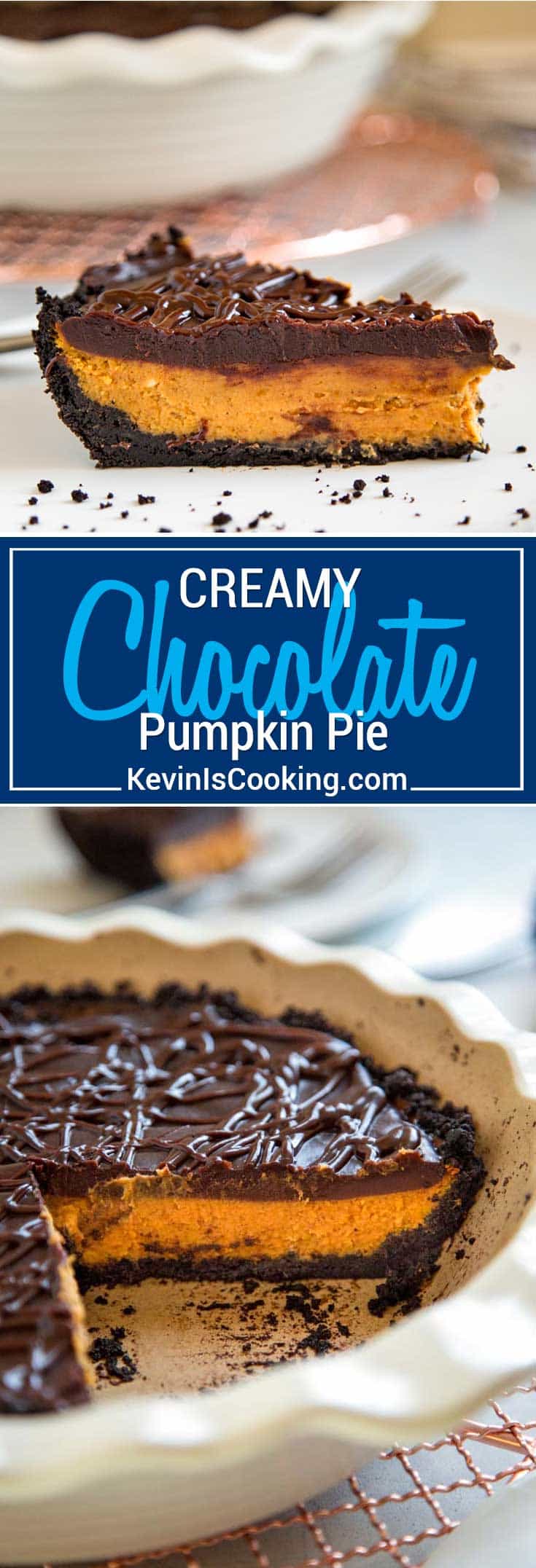 For this Chocolate Glazed Pumpkin Pie I layered a delicious chocolate ganache on top of the creamy pumpkin filling with a chocolate cookie crust for a spin on the classic pumpkin pie.