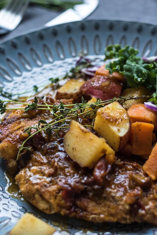 Honey Mustard BBQ Chicken with potatoes, carrots, and with fresh herbs