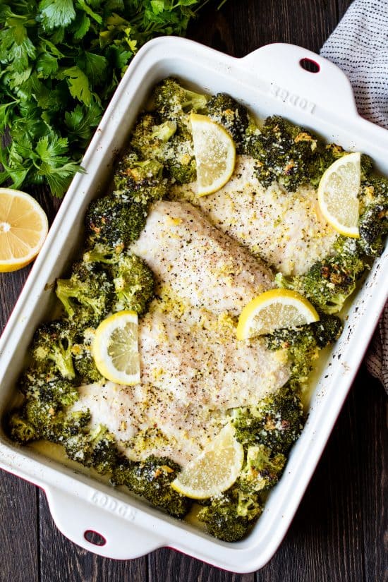 Bird's eye of view of a pan of lemon garlic chicken broccoli bake. 