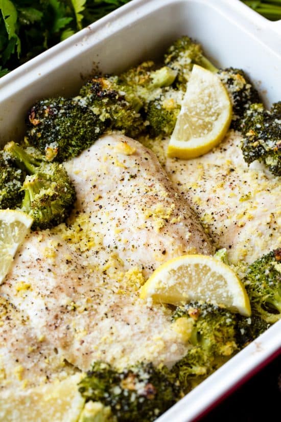 Close up of a pan of lemon garlic chicken broccoli bake. 