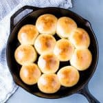Rapid Rise Skillet Rolls with golden tops, fresh out of the oven in a skillet