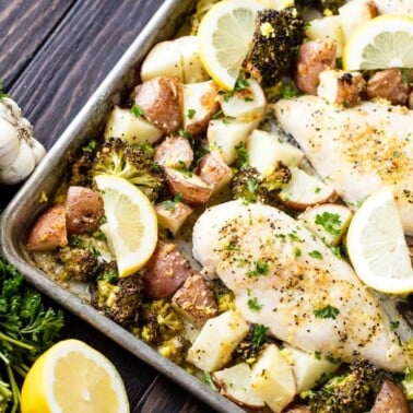 Sheet Pan Garlic Parmesan Chicken Broccoli and Potatoes is an easy weeknight dinner that's all made on one sheet pan. It's full of flavor and simple to make which makes it the perfect family dinner for busy nights.