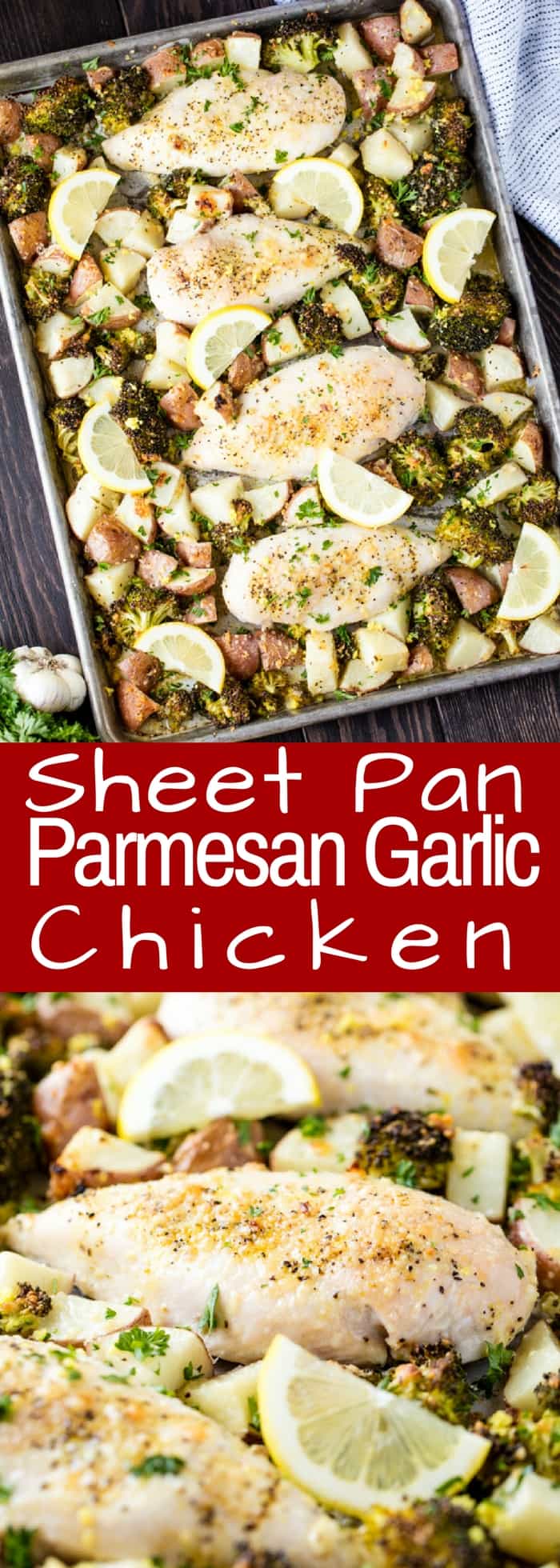 Sheet Pan Garlic Parmesan Chicken Broccoli and Potatoes is an easy weeknight dinner that's all made on one sheet pan. It's full of flavor and simple to make which makes it the perfect family dinner for busy nights. 