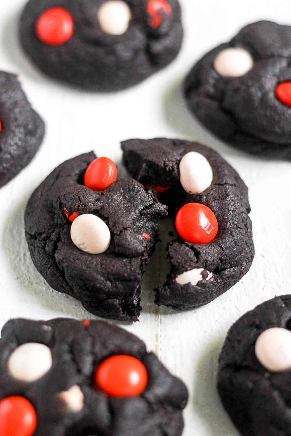 Dark Chocolate Halloween Cookies with red and white M&Ms