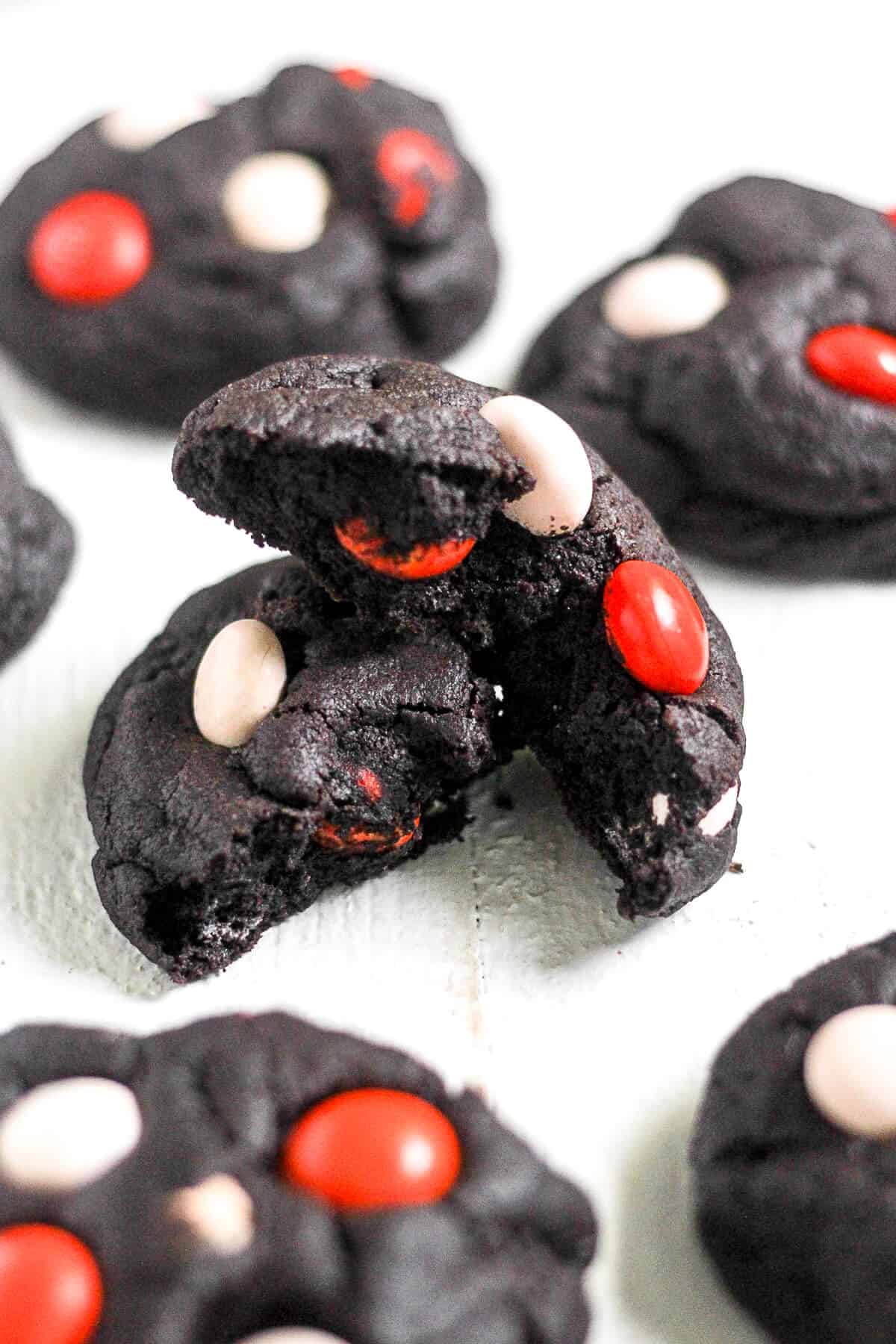 Get ready for your spooky celebration! These Dark Chocolate Halloween Cookies are a great addition to any party spread. They're soft, chewy, filled with chocolate and decorated with festive candy.
