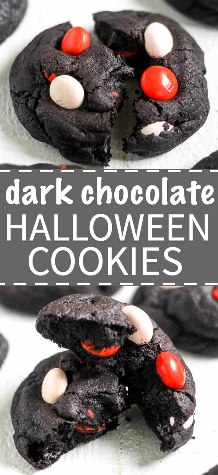 Get ready for your spooky celebration! These Dark Chocolate Halloween Cookies are a great addition to any party spread. They're soft, chewy, filled with chocolate and decorated with festive candy. 