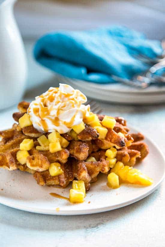  those wonderful fried dough sticks covered with cinnamon sugar Churro Waffles with Pineapple and Caramel