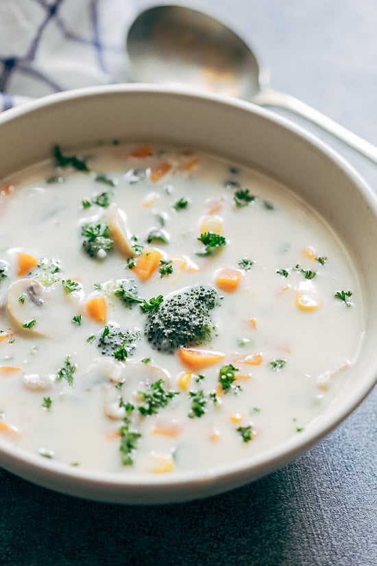 Creamy Vegetable Soup is a hearty, comforting soup thats perfect if you are vegetarian or just want something light and easy. 