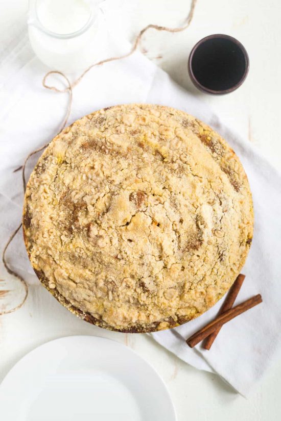 Pumpkin Gingerbread Coffee Cake topped with a cinnamon struesel