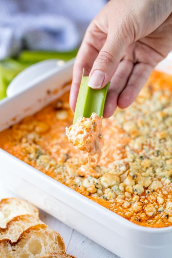 buffalo chicken dip being scooped with a celery stick